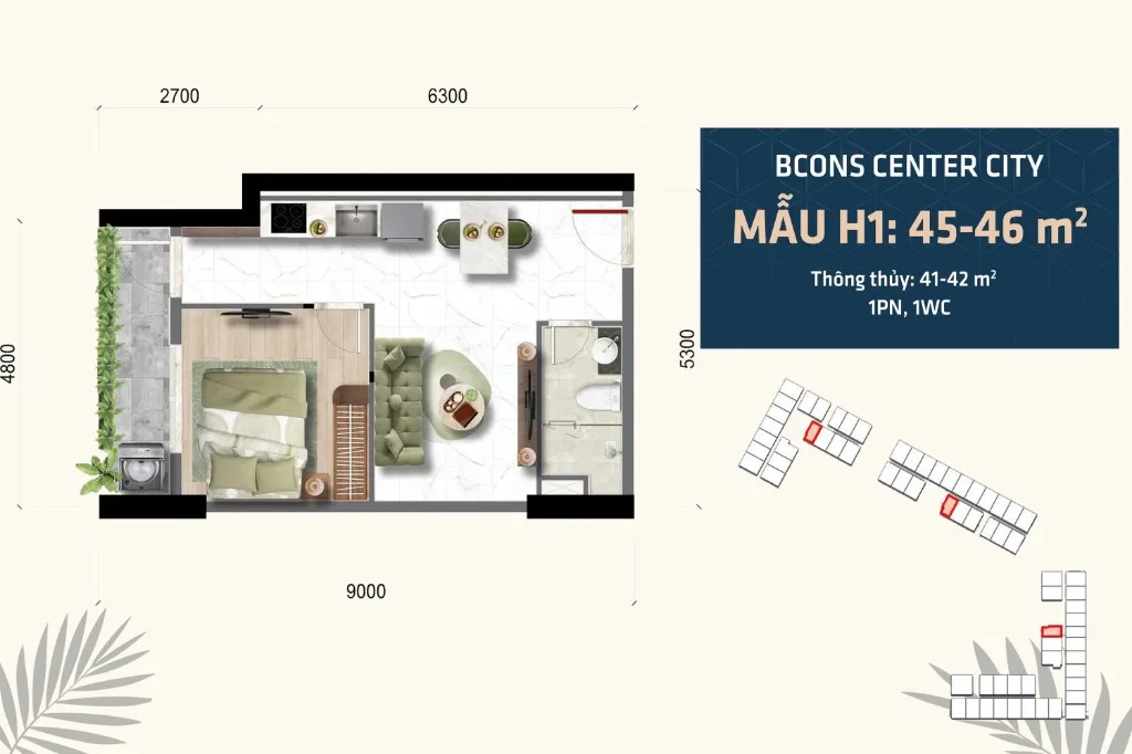 Mặt bằng căn H1 – 1 phòng ngủ Bcons Center City