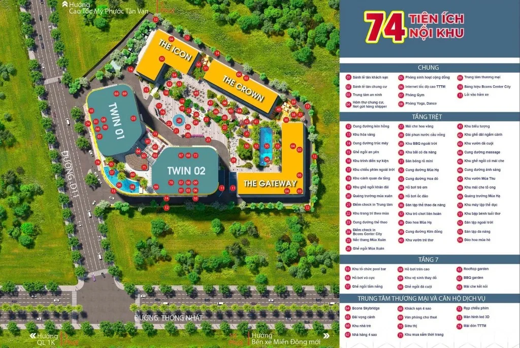 Bản đồ và danh sách 74 tiện ích nội khu Bcons Center City